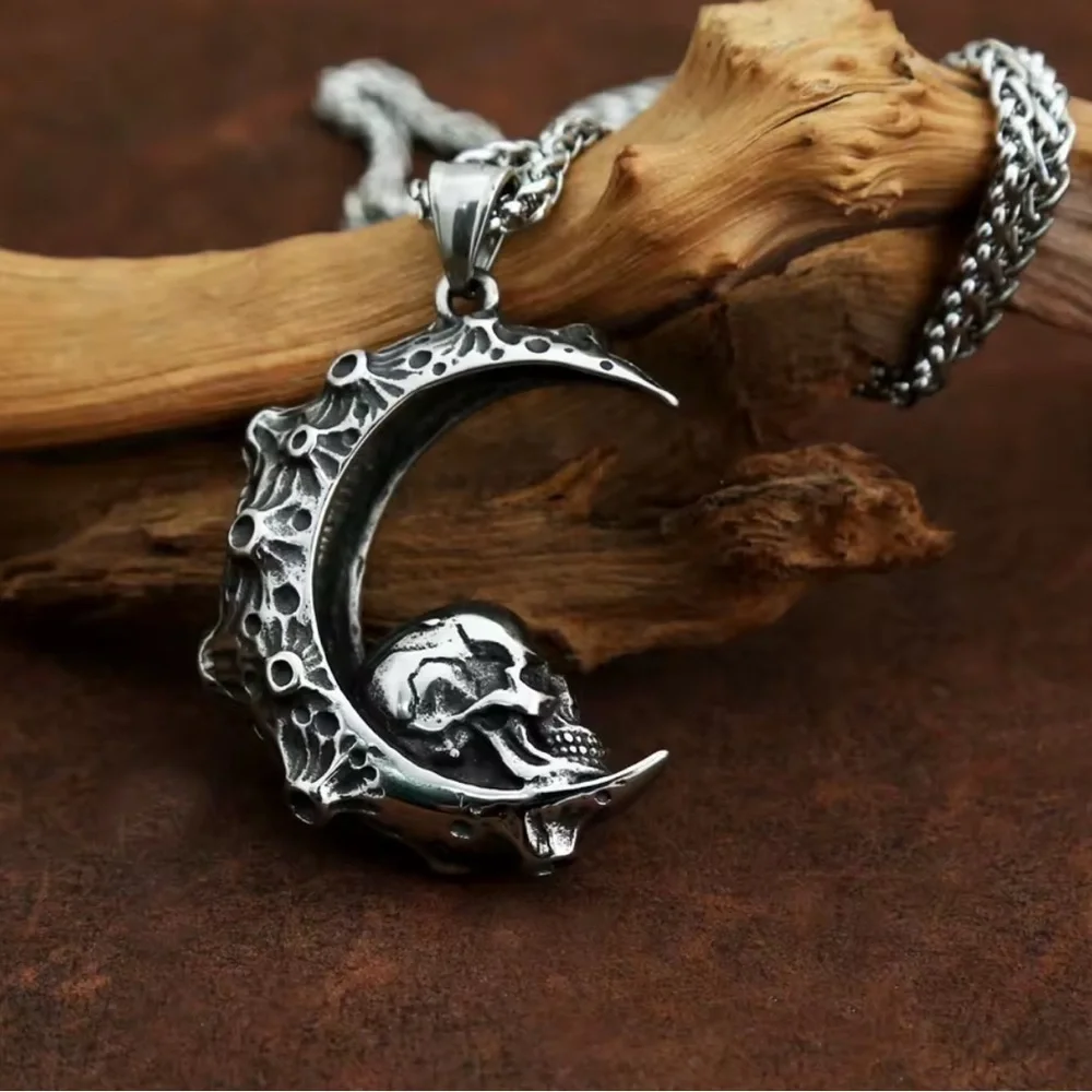 925 Sterling Silver Skull In Crescent Moon NO FADE Necklace Unisex Biker Goth